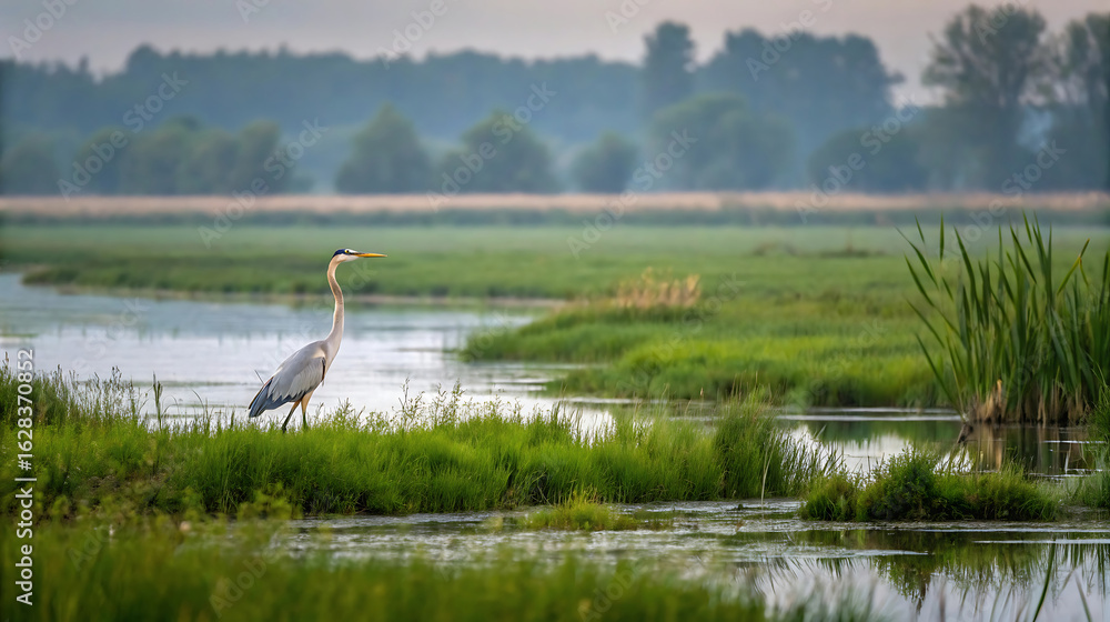 Fototapeta premium Grey heron standing in a wetland area with green grass and water during day