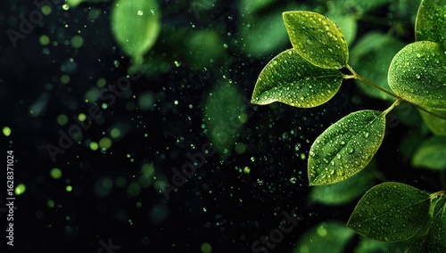 Close-up of vibrant green leaves, glistening with water droplets, against a dark background.  Abstract bokeh effect