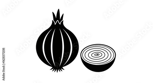 Black silhouette of a whole onion and a halved onion