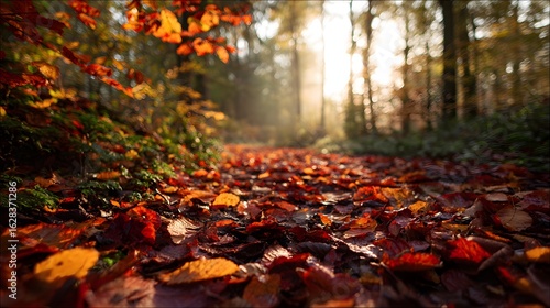Wallpaper Mural Sunlit forest path covered in vibrant autumn leaves Torontodigital.ca