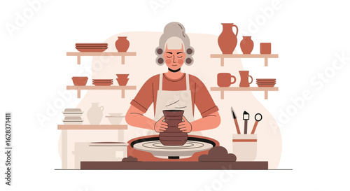 Female potter shaping clay on a wheel in a studio filled with pottery pieces on shelves