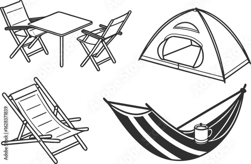 Illustration of camping equipment including a tent table chairs a hammock and a beach chair in black and white