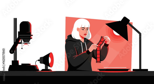 Illustrated woman examines film strip in darkroom with enlarger and safety light