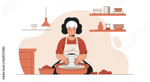 Illustration of a ceramic artist shaping a vase on a pottery wheel in studio