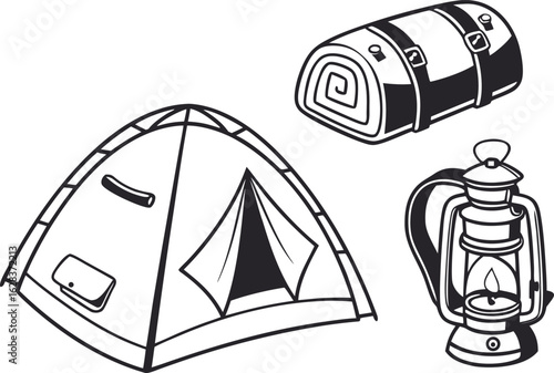 Illustration of camping equipment including a tent sleeping bag and a lit camping lantern item drawing