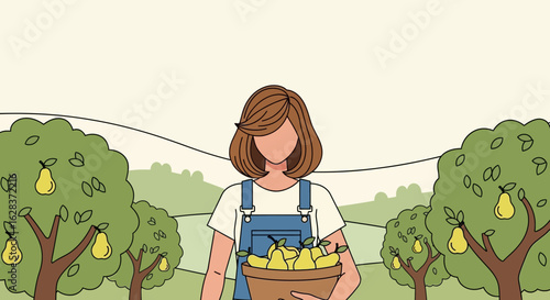 Illustration of a faceless woman farmer harvesting pears in an orchard scenery