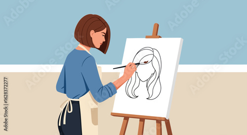 Illustration of a female artist painting on a canvas, artistic creation and creative pursuit