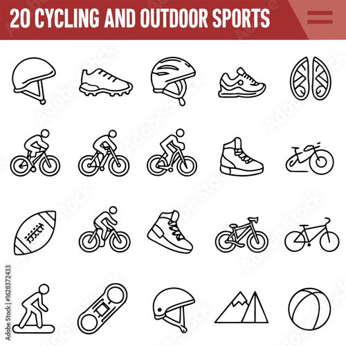 Illustration showcasing various sports and outdoor activities equipment and participants in a line art style