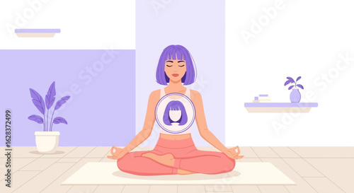 Illustration of a serene woman meditating in lotus position enhancing self-awareness and