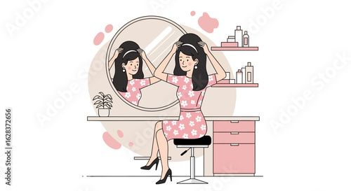 Illustration of a stylish woman adjusting her hair in front of a mirror at home