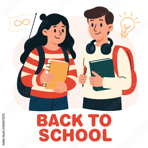 Flat vector illustration of two students going back to school, holding books and supplies, with backpacks and educational icons