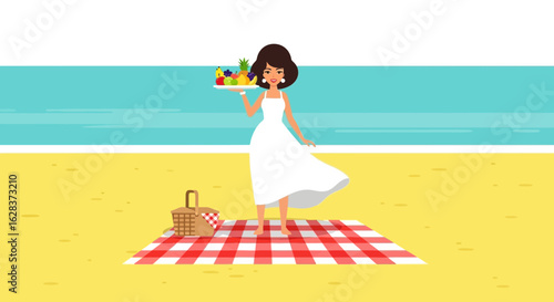 Illustration of a woman enjoying a beach picnic with fresh fruits on a sunny day