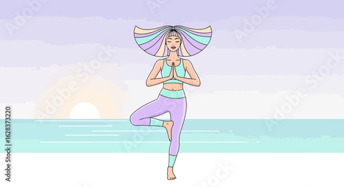 Illustration of a woman doing yoga tree pose on the beach at sunset with pastel colors
