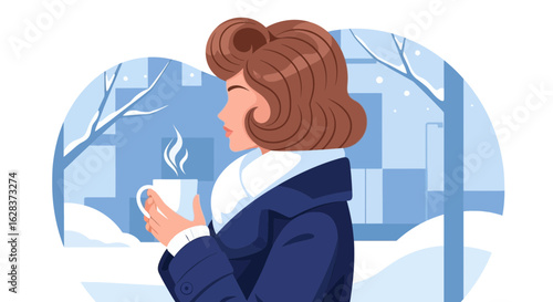 Illustration of a woman enjoying a hot drink in winter, showcasing serenity and comfort in cold