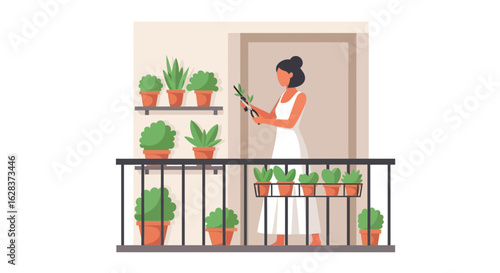 Illustration of a woman gardening on her balcony surrounded by potted plants