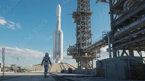 An astronaut stands in awe before a towering rocket on the launch pad, ready to embark on a journey beyond Earth, surrounded by massive structures and clear blue skies.