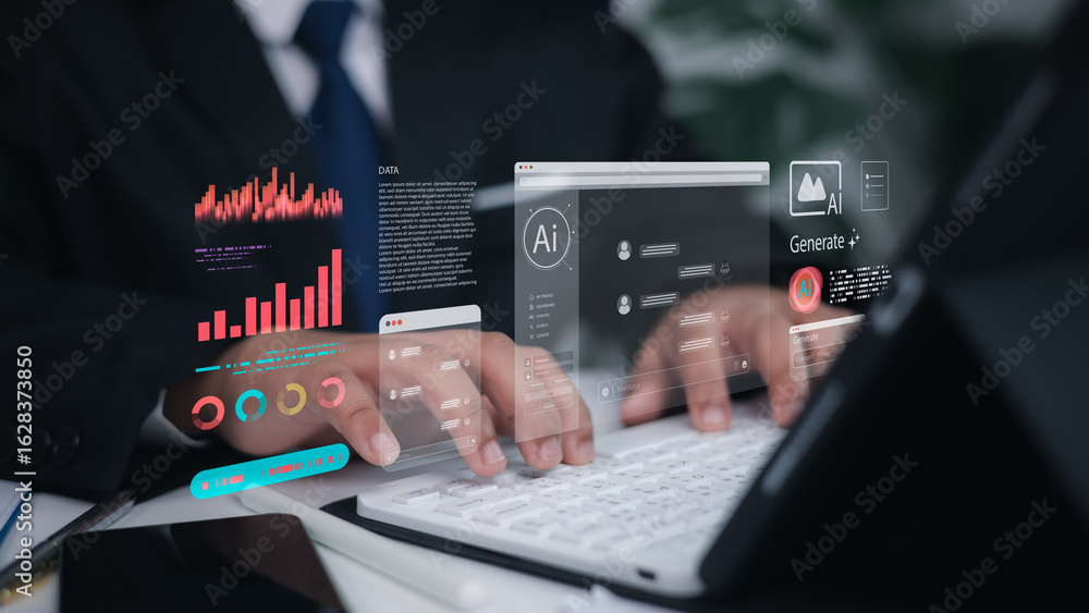 Fototapeta premium Businessman using AI tools and big data analytics on virtual screen at workplace. Technology, business intelligence, digital transformation concept.
