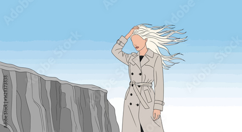 Illustration of a woman in a trench coat standing near a cliff with wind blowing her hair against
