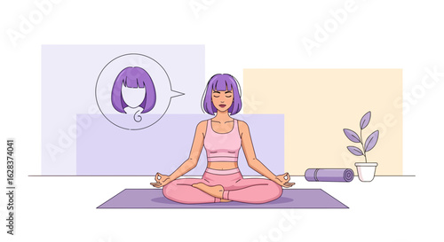 Illustration of a woman meditating in lotus position with a serene expression and short hair style