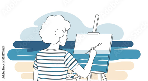 Illustration of a woman painting a seascape on an easel outdoors by the beach and capturing the