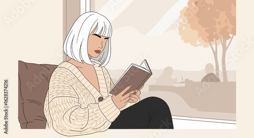 Illustration of a woman reading a book by the window in autumn season atmosphere