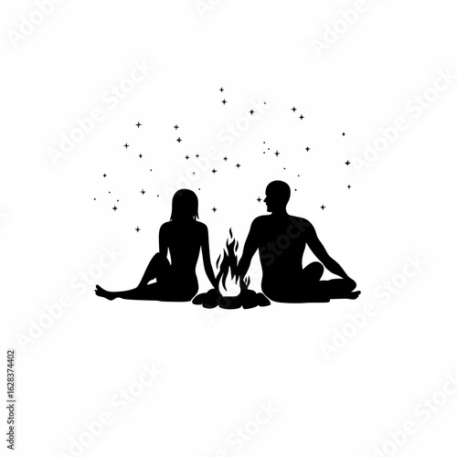 Couple enjoying a romantic evening by a campfire under a starry night sky