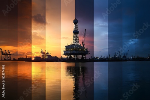 A time lapse image of the oil platform at different times of day showing the transformation of light and shadow on the