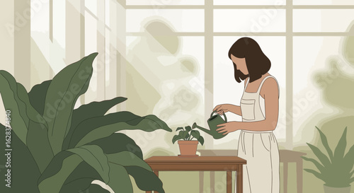 Illustration of a woman watering plants indoors, cultivating a serene and sustainable living space