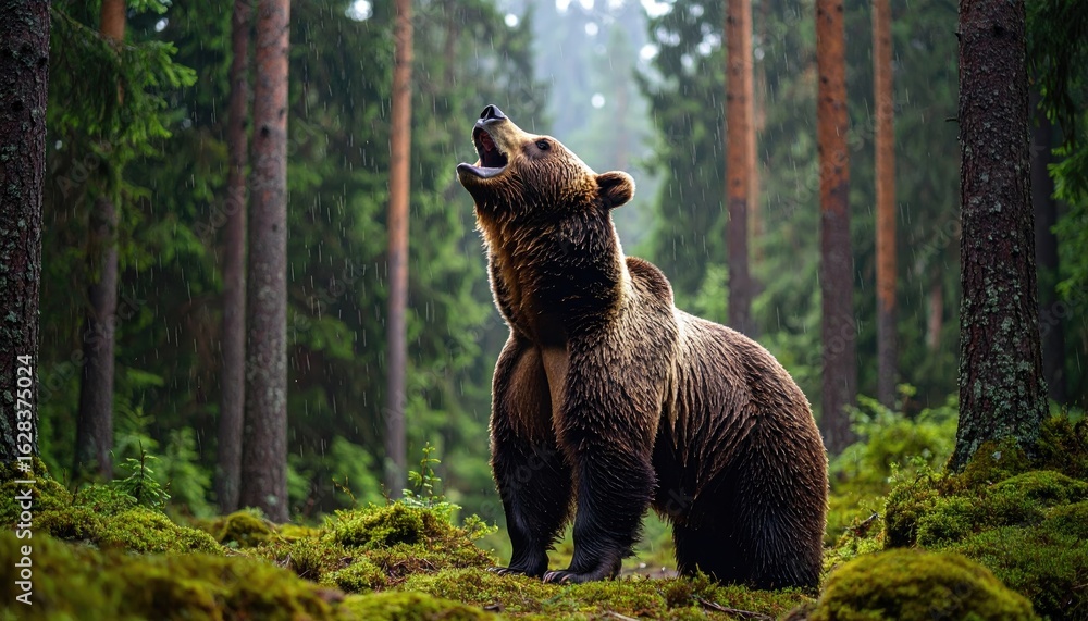 Obraz premium Majestic Brown Bear Roaring in Lush Forest Environment