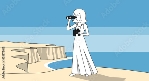 Illustration of a woman with binoculars on a cliff overlooking the sea exploration