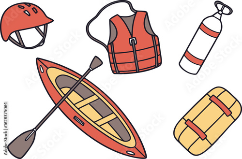 Illustration of a red helmet, life vest, oxygen tank, kayak with paddle, and rescue sled on white