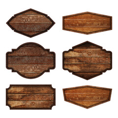 Set of vintage wooden signs with rustic textures and various shapes. Perfect for labels, menus, logos, and decoration. Isolated on white background