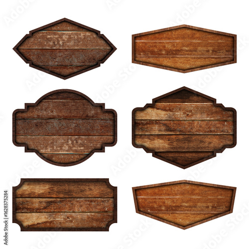 Set of vintage wooden signs with rustic textures and various shapes. Perfect for labels, menus, logos, and decoration. Isolated on white background