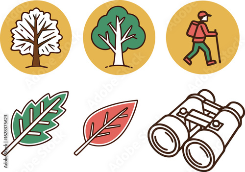 Illustration showing trees in circles, hiker, and leaves along with binoculars in a nature themed image