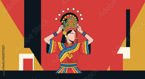 Illustrative artwork depicting a woman in traditional Chinese dress and headdress adjusting it