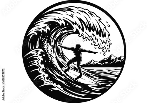 Surfer Riding a Crashing Wave in a Circle Vector illustration of Black and White surfing ocean