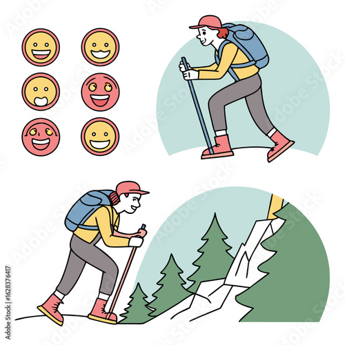 Two hikers with backpacks and walking sticks climbing mountains next to a set of six different emojis