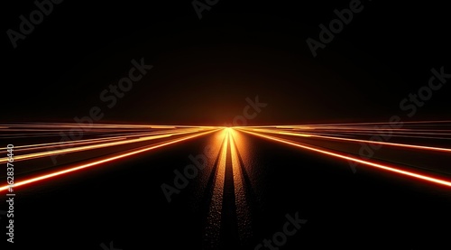 A glowing, orange-lit road stretches into the distance, disappearing into a dark horizon