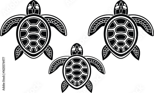 Three stylized black and white sea turtles swimming together in a symmetrical pattern against a white background