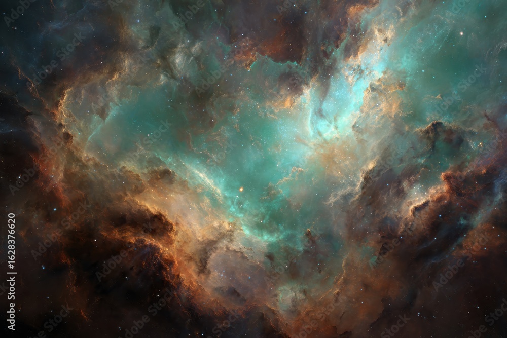 Fototapeta premium Colorful cosmic nebula with swirling gases, shimmering dust, and distant stars in teal, brown, and orange tones, ideal for astronomy lovers and celestial art enthusiasts