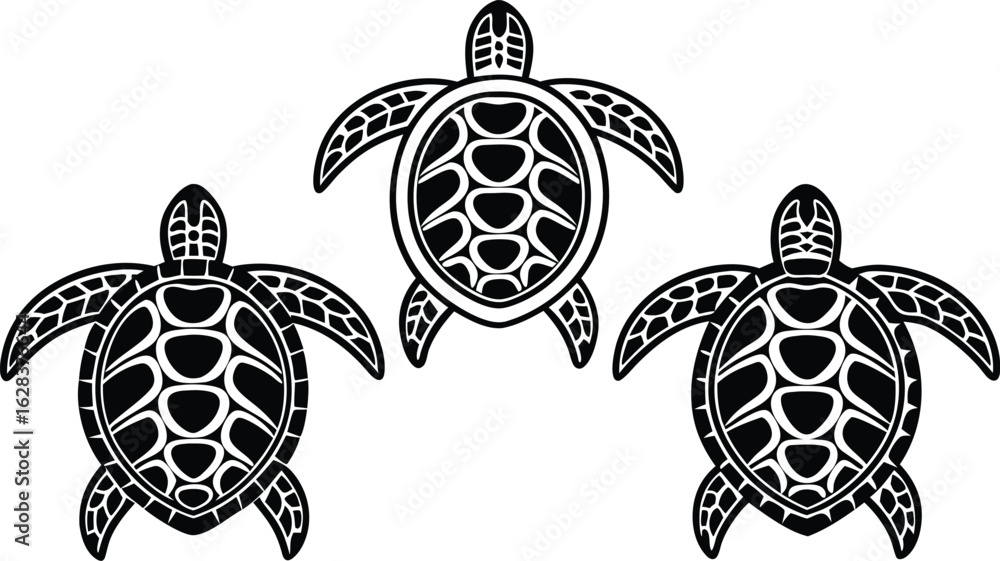 Fototapeta premium Three stylized black and white sea turtles with intricate patterns swimming together in a symmetrical arrangement