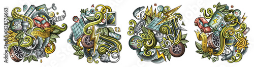 Colorful vector doodle cartoon set of Electric Vehicles designs