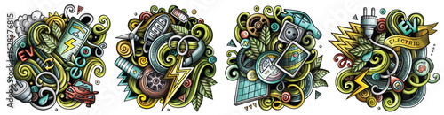 Colorful vector doodle cartoon set of Electric Vehicles designs