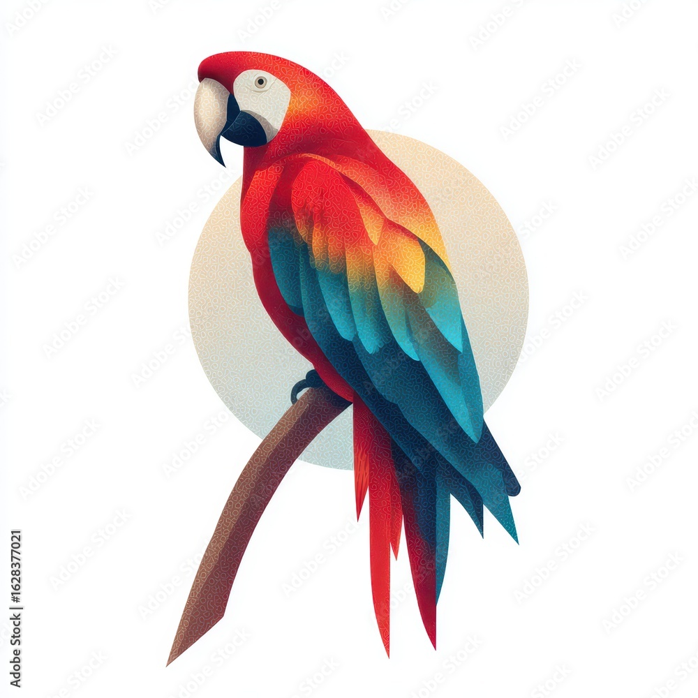 Obraz premium Vibrant Red and Blue Parrot Perched on Branch with Circular Background Graphic Art Illustration