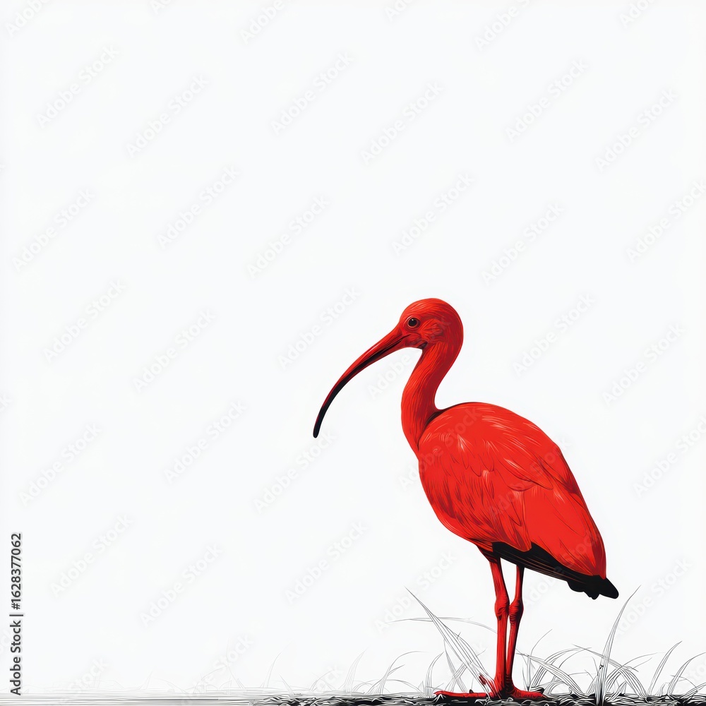 Fototapeta premium Vibrant Red Bird Standing Gracefully on White Background with Elegant Long Beak and Striking Feathering Details