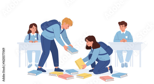 Student Collaboration: Friends Helping to Pick Up Fallen Books in Classroom Illustration