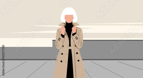 Stylish woman in trench coat posing against a minimalist cityscape backdrop