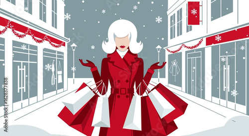 Stylish woman with shopping bags in a winter city, showcasing holiday retail therapy