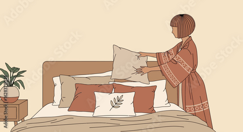 Stylized bedroom scene depicting a woman arranging pillows on a bed, showcasing interior design
