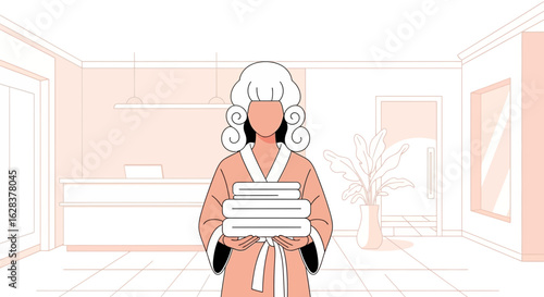 Stylized illustration of a maid in a robe holding towels in a hotel hallway